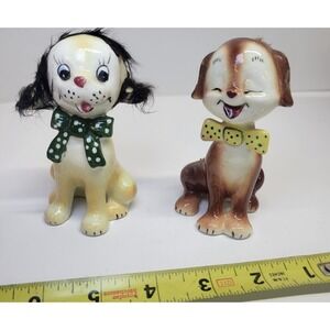 Vintage Ceramic Dog‎ Figurines Japan Set of 2 Hair Bow Tie Puppy
